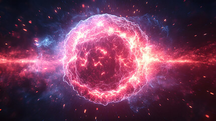 Obraz premium Cosmic Core: A breathtaking display of celestial phenomena, showcasing a vibrant, glowing sphere at the heart of a nebula, surrounded by swirling colors, bright particles, and vast, starlit expanse.