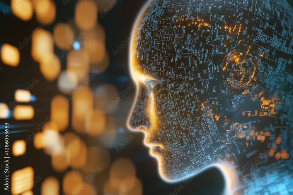 Poster exploring the fusion of technology and humanity through the intricate design of a digital head fille