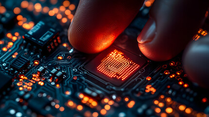 Technological Touch: A close-up shot reveals a human finger interacting with a glowing circuit board, highlighting the convergence of human ingenuity and technological advancement.