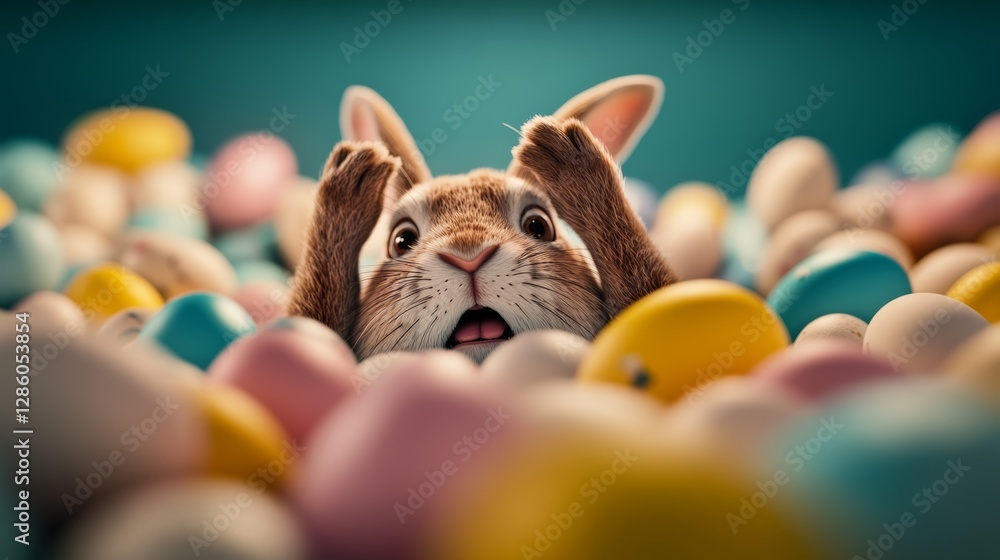 Poster rabbit is in a pile of colorful eggs, looking scared. the scene is playful and whimsical, with the r