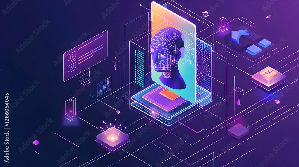 Poster futuristic digital interface showcasing a 3d head model with data visualization elements
