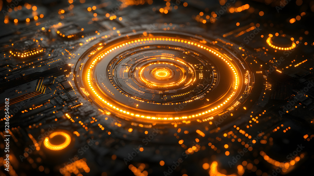 Poster digital nexus: a close-up view of a futuristic digital circuit board glowing with an intricate patte