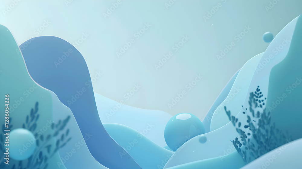 Poster abstract blue landscape with flowing shapes and soft spheres, creating a serene and calming atmosphe
