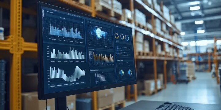 Warehouse Automation: A modern warehouse environment, showcasing a computer screen displaying data analytics amidst rows of organized inventory, highlighting efficiency and technological integration.