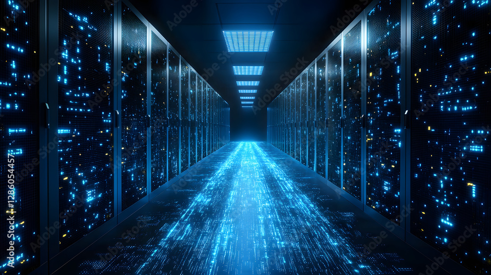 Poster data center's digital vista: a long corridor of server racks glows with data streams, highlighting t