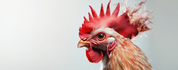 Close-up of a rooster with a vibrant red comb, captured against a light background.