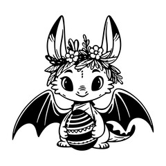 cute dragon wearing floral wreath and holding an Easter egg drawing sketch