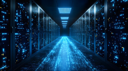 Data Center's Digital Vista: A long corridor of server racks glows with data streams, highlighting technological advancements in data storage and management.