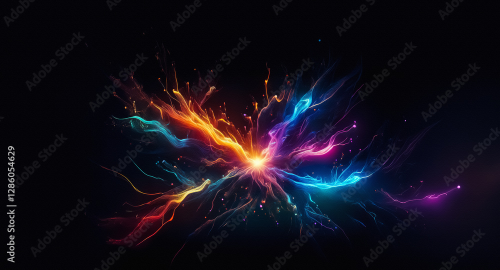 Aufkleber Vibrant explosion of colors bursts from the center against a dark backdrop, creating a dynamic and abstract display of light and energy.