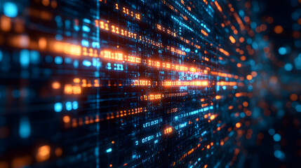 Naklejka premium Digital Data Stream: Immersive view of a dynamic digital data stream, with glowing blue and orange binary code. Suggesting complex systems, networks.