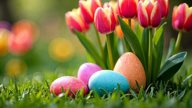 4k footage of colorful easter eggs with tulips