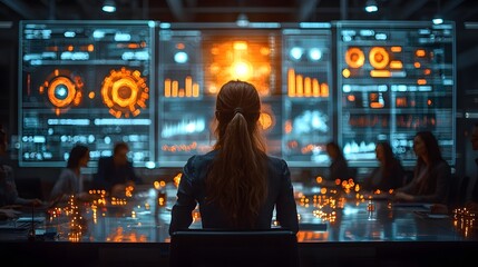 Collaborative Business Shareholders Gathered Around Glowing Holographic Data Visualization Table