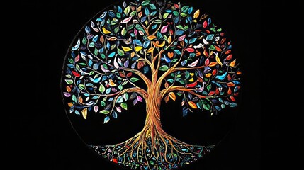 Naklejka premium Colorful Tree Of Life Art Featuring Vibrant Leaves And Birds. Symbolizes Growth, Connection, And Nature'S Beauty. Perfect For Uplifting Designs.