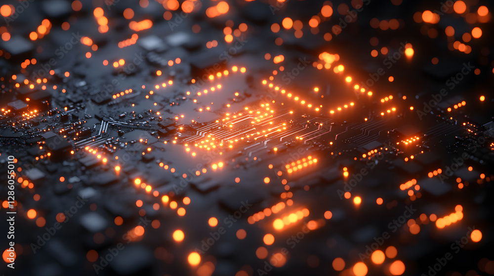 Poster illuminating circuitry: glowing orange lights cascade across a complex circuit board, representing t