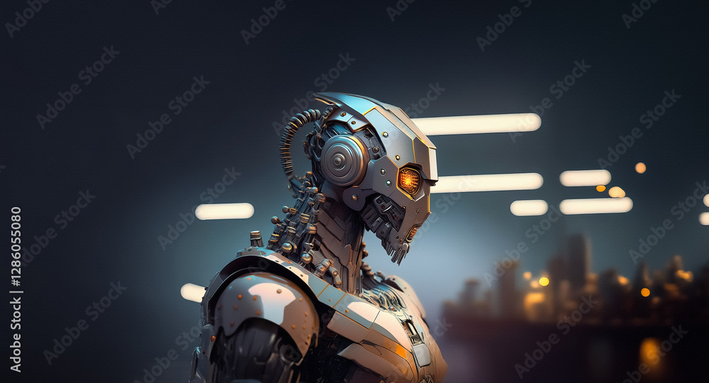 Poster A futuristic metallic robot with a glowing orange eye stands in a blurred urban cityscape. Cybernetic automaton with a steel body and advanced technology is depicted.