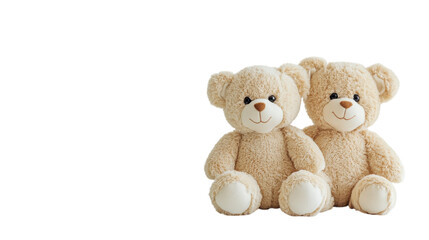 Obraz premium Two adorable stuffed teddy bears sitting side by side on a clean, white background, perfect for children's decor or gifting ideas