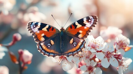 Obraz premium Butterfly on cherry blossom branch, springtime beauty