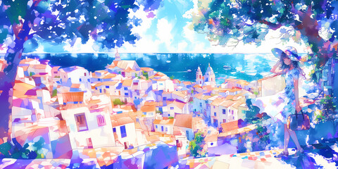 Fototapeta premium 旅する少女。水彩画、イラスト、背景、バナー素材、挿絵、