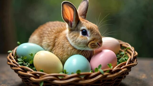 4k frame easter colored eggs with a bunny in a basket