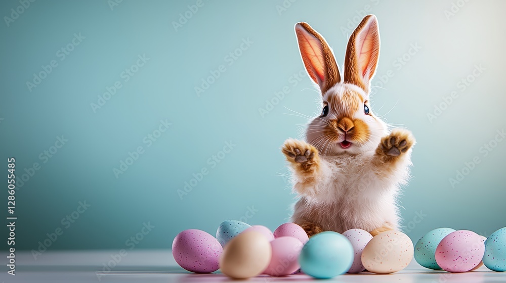 Poster rabbit is standing in front of a bunch of easter eggs. the rabbit is looking at the camera and he is