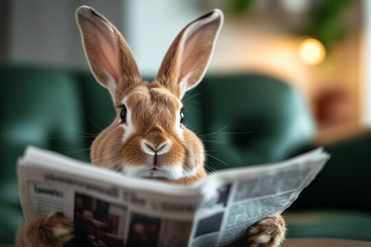 Rabbit is sitting on a couch reading a newspaper. The rabbit is enjoying the activity, and the scene is lighthearted and playful