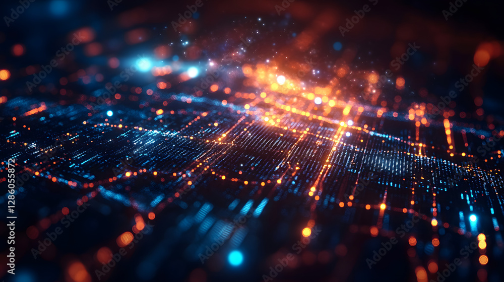 Poster illuminating digital landscape: a captivating abstract depiction of a complex digital world, with in