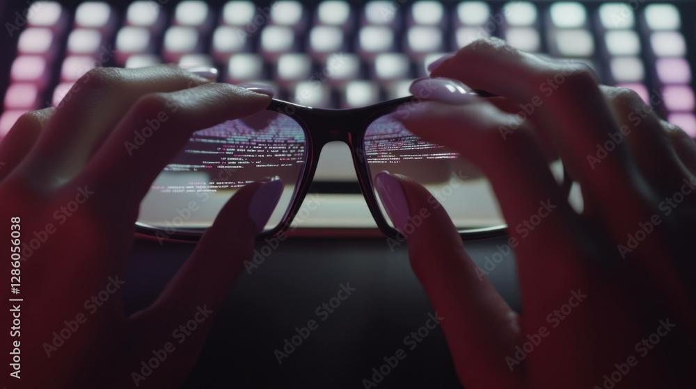 Aufkleber close up of hands adjusting glasses while working on a vibrant computer screen, showcasing the moder