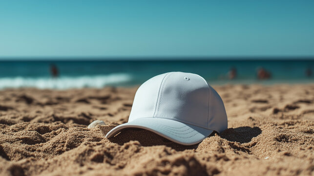 3D realistic white dad hat mockup placed on a sandy beach with soft waves and a clear blue sky in the background.