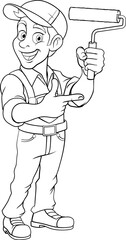 A painter decorator handyman cartoon mascot man holding a paint roller and pointing