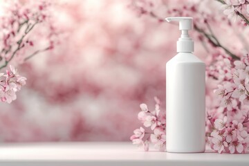 Serene Skincare: A sleek white dispenser bottle sits amidst a soft-focus backdrop of delicate pink cherry blossoms, creating a tranquil and inviting scene.