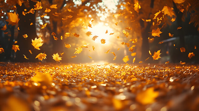 Autumn's Golden Embrace: A mesmerizing image of a path carpeted in golden fallen leaves, with a cascade of leaves in mid-air, illuminated by the warm, sunlit atmosphere.