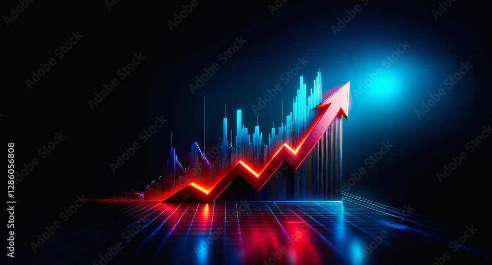 Poster vibrant red arrow points upwards, illuminated against a dark backdrop with blue chart elements, sign