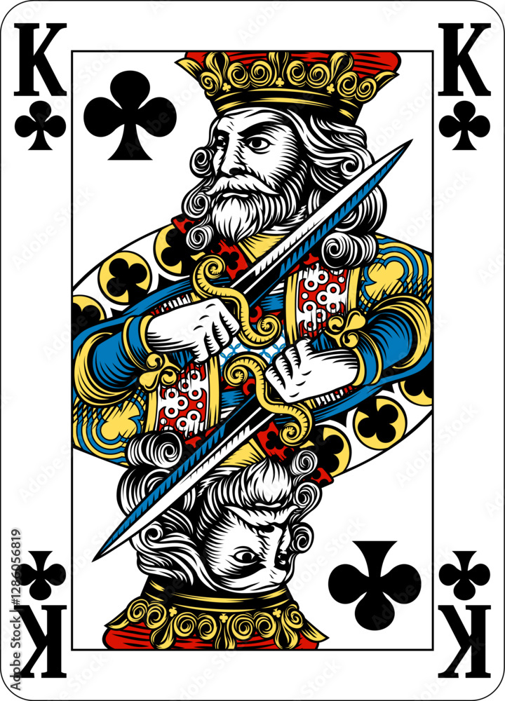Poster king of clubs design from a new original deck of playing cards. four pip left handed version with id