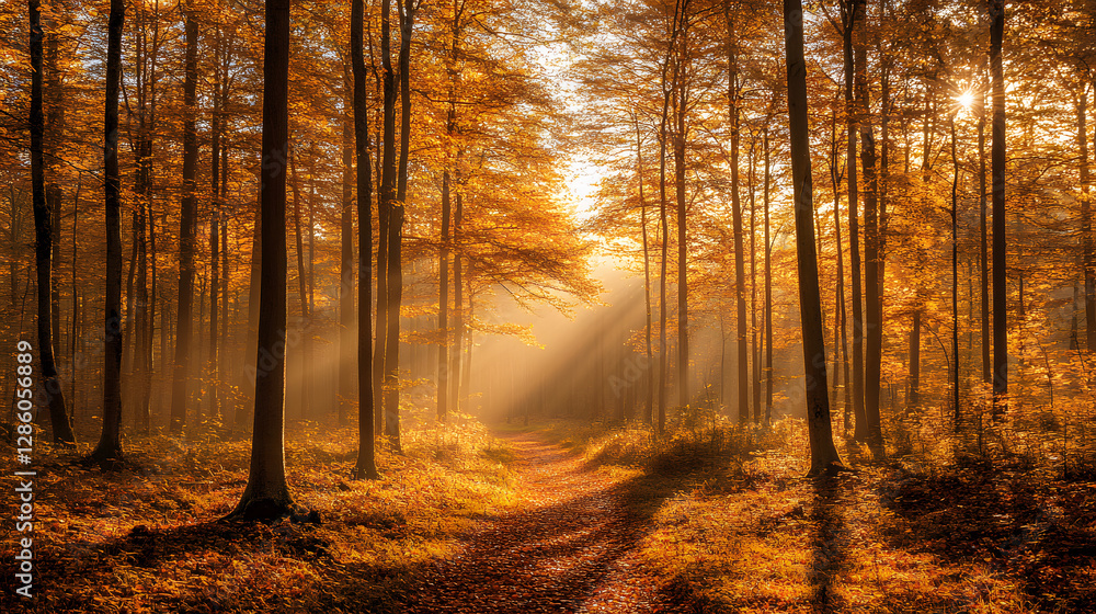 Poster golden forest path: an enchanting path winds through a sun-drenched autumn forest, casting a magical
