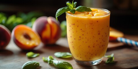 Refreshing peach smoothie decorated with basil leaves and mint