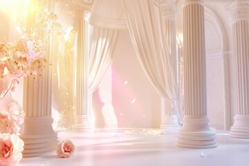 A stunning hall showcases grand white columns and flowing curtains, bathed in warm light