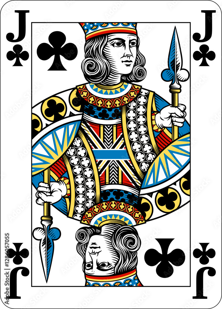 Poster jack of clubs design from a new original deck of playing cards. four pip left handed version with id