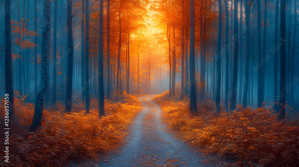 Poster enchanting forest path: a mystical forest path, bathed in an ethereal glow, winds its way through a 