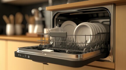Compact portable dishwasher with an open door revealing racks inside