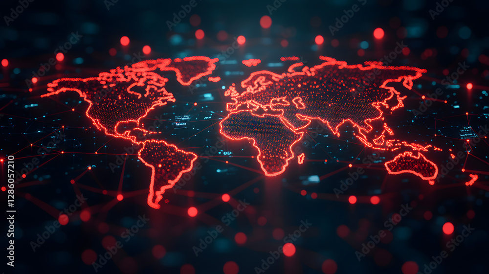 Poster global digital threat: an ominous, digitally rendered world map glows with a network of interconnect