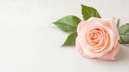 Fototapeta premium Single pink rose with green leaves lies on a textured white surface in soft natural light.