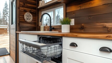 Compact RV dishwasher on a wooden kitchen counter inside a tiny home