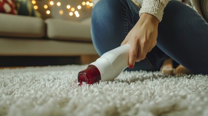 Compact spot carpet cleaner erasing wine stains from a plush rug