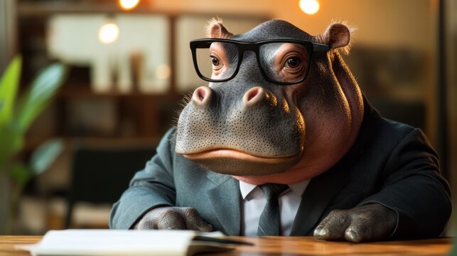 Hippo Businessman With Glasses At Desk. Serious Expression. Animal Character.