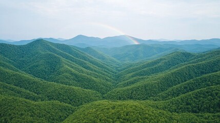 Obraz premium Aerial view of lush green mountain ranges with rainbow. Possible use nature photography, travel brochure, desktop background