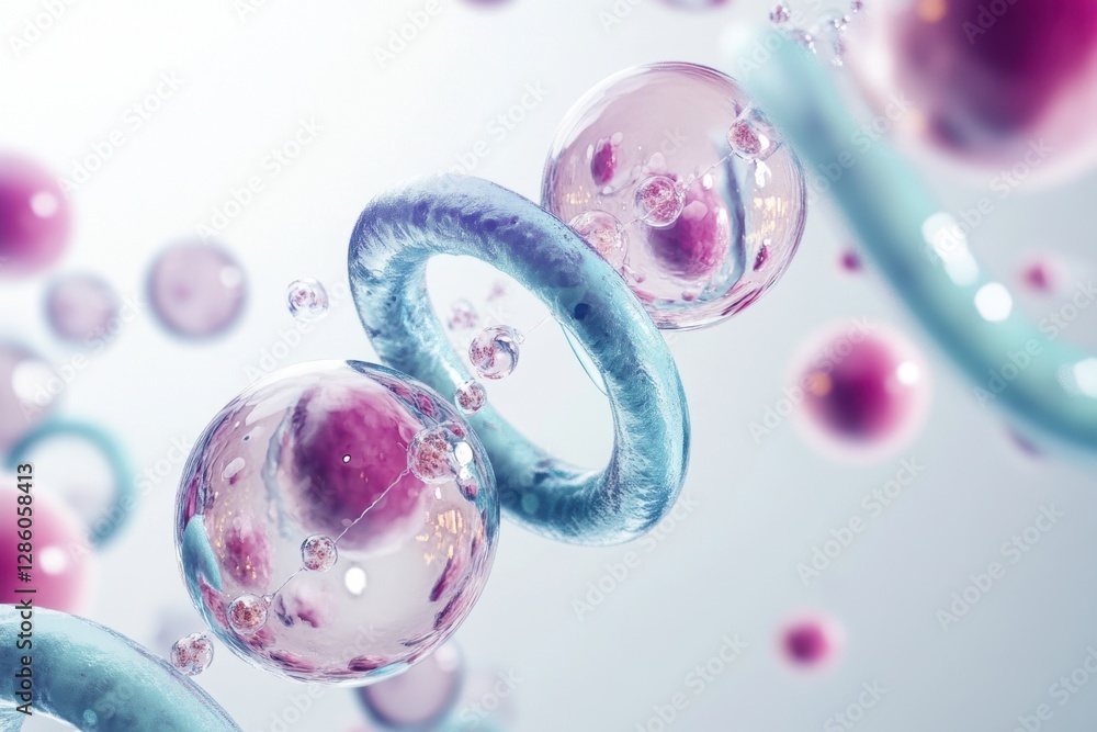 Poster intricate design of colorful spheres and loops representing cellular structures in microscopic detai