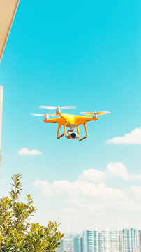 Yellow drone flying in the air, clear cityscape sky background, vertical background