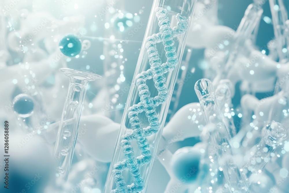 Poster exploring the intricate beauty of molecular structures with a focus on dna in a laboratory setting. 