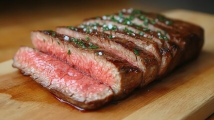 Fototapeta premium Sliced Grilled Steak on Wooden Board with Herbs and Salt