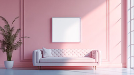 Blank poster frame mockup in living room. Modern pink color living room interior background.